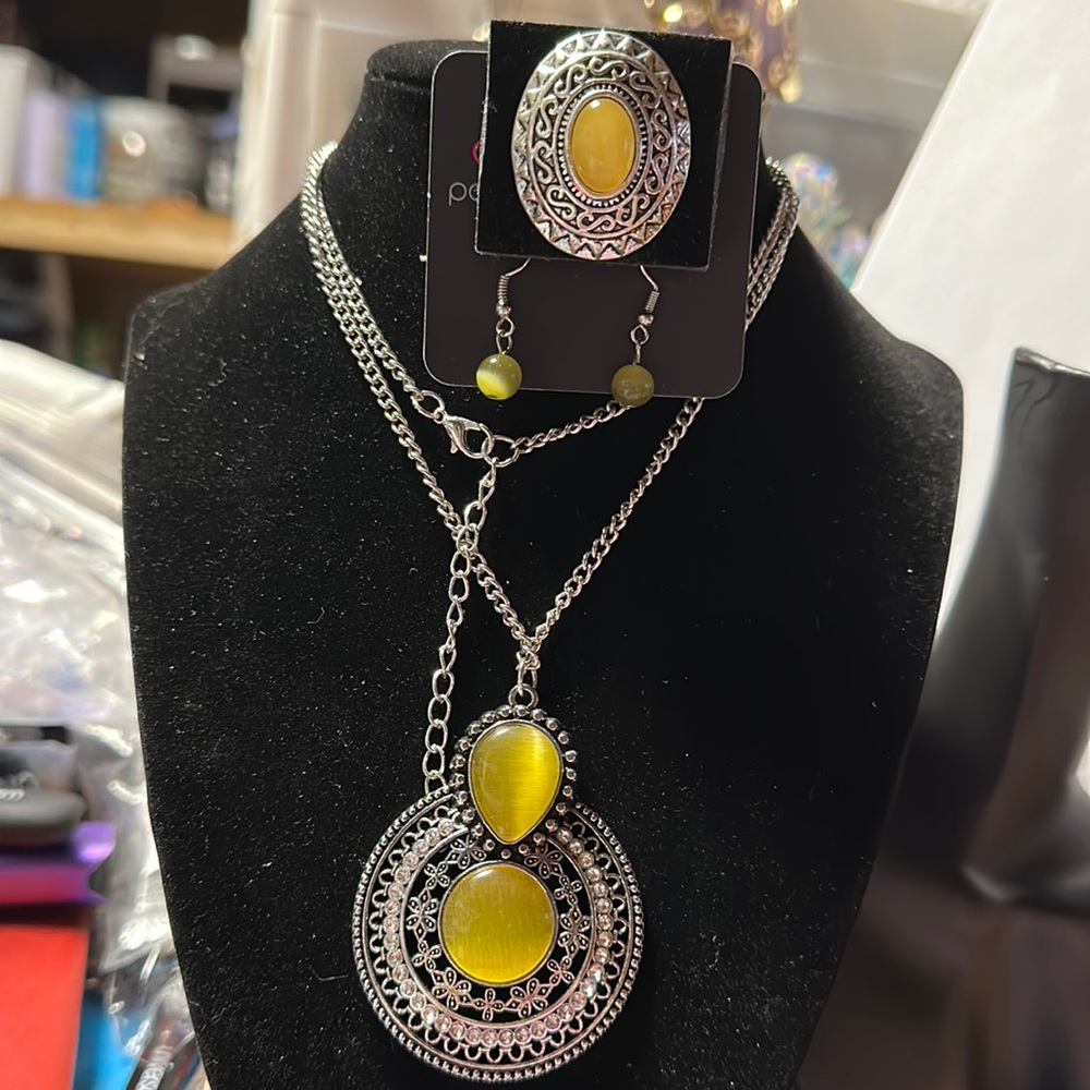 Paparazzi #884 yellow and silver necklace with matching earrings and ring